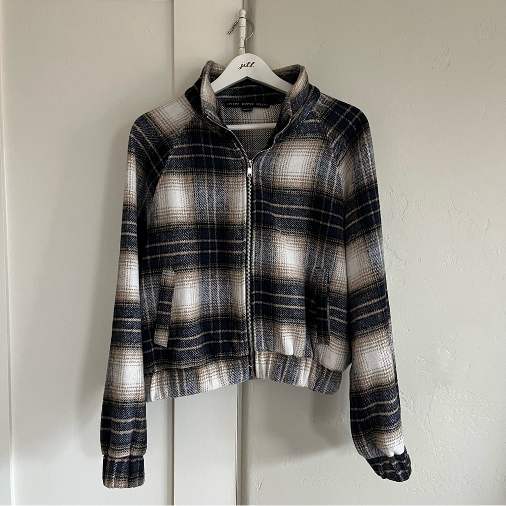 🤍 euc | hyfve | plaid knit bomber jacket